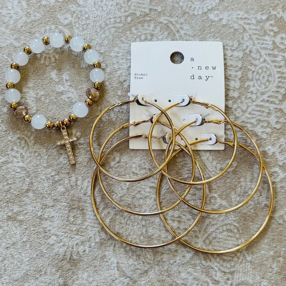 A New Day 3-Pack Gold Tone Hoop Earrings White Beaded Stretch Bracelet w/ Cross - Picture 1 of 11